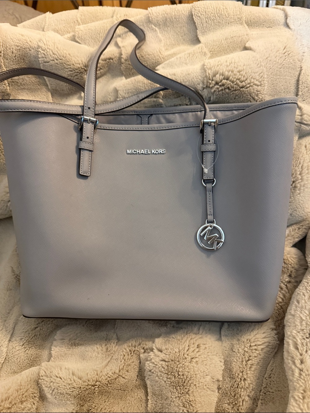 Michael Kors Light Gray Saffiano Tote with MK Pendant
